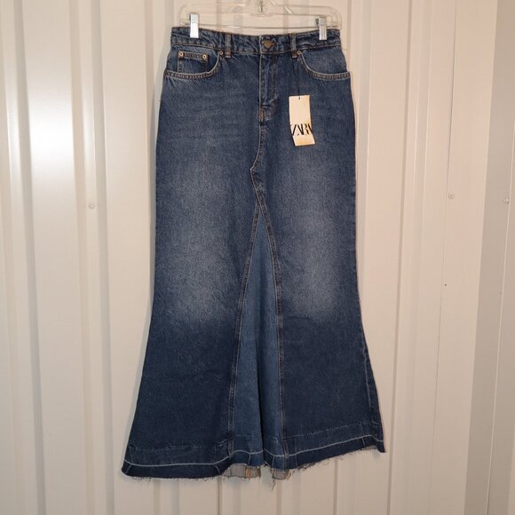 Zara Womens Reconstructed Denim Maxi Skirt Blue Size Med 100% Cotton NWT - Picture 1 of 8